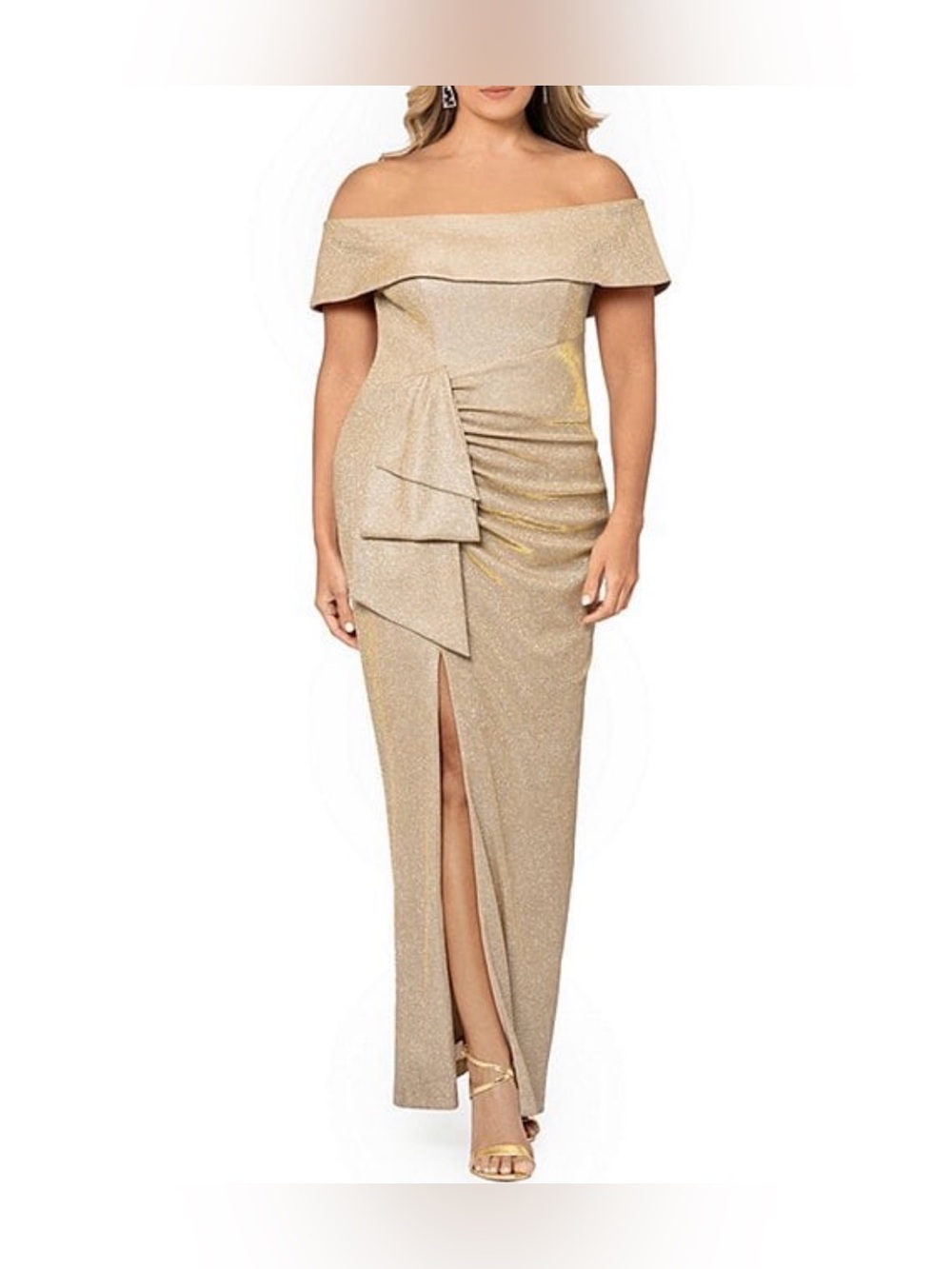 XSCAPE "TESSA" GLITTER OFF THE SHOULDER RUFFLE DRESS - Picture 2 of 12